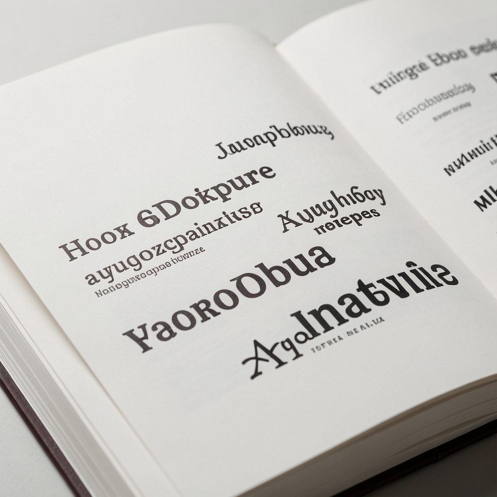 Крупный план книжного разворота с образцами различных типографских гарнитур, напечатанных на плотной белой бумаге, мягкое студийное освещение подчёркивает текстуру страниц