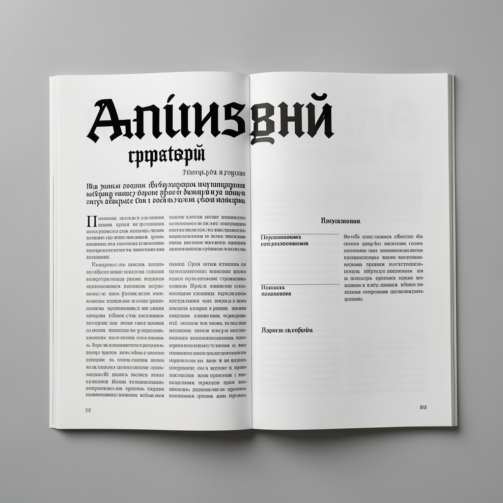 Разворот журнала с чёткой типографической иерархией: крупный заголовок антиквой, подзаголовок гротеском, основной текст и подписи к иллюстрациям — демонстрация четырёх уровней иерархии