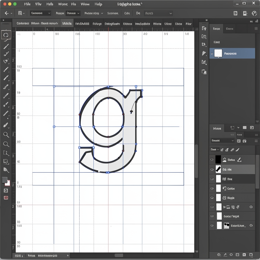 Снимок экрана программы для разработки шрифтов Glyphs: открыт редактор букв с векторными контурами латинской буквы g, видны узлы кривых Безье, метрические линии и боковые полосы с дополнительными глифами