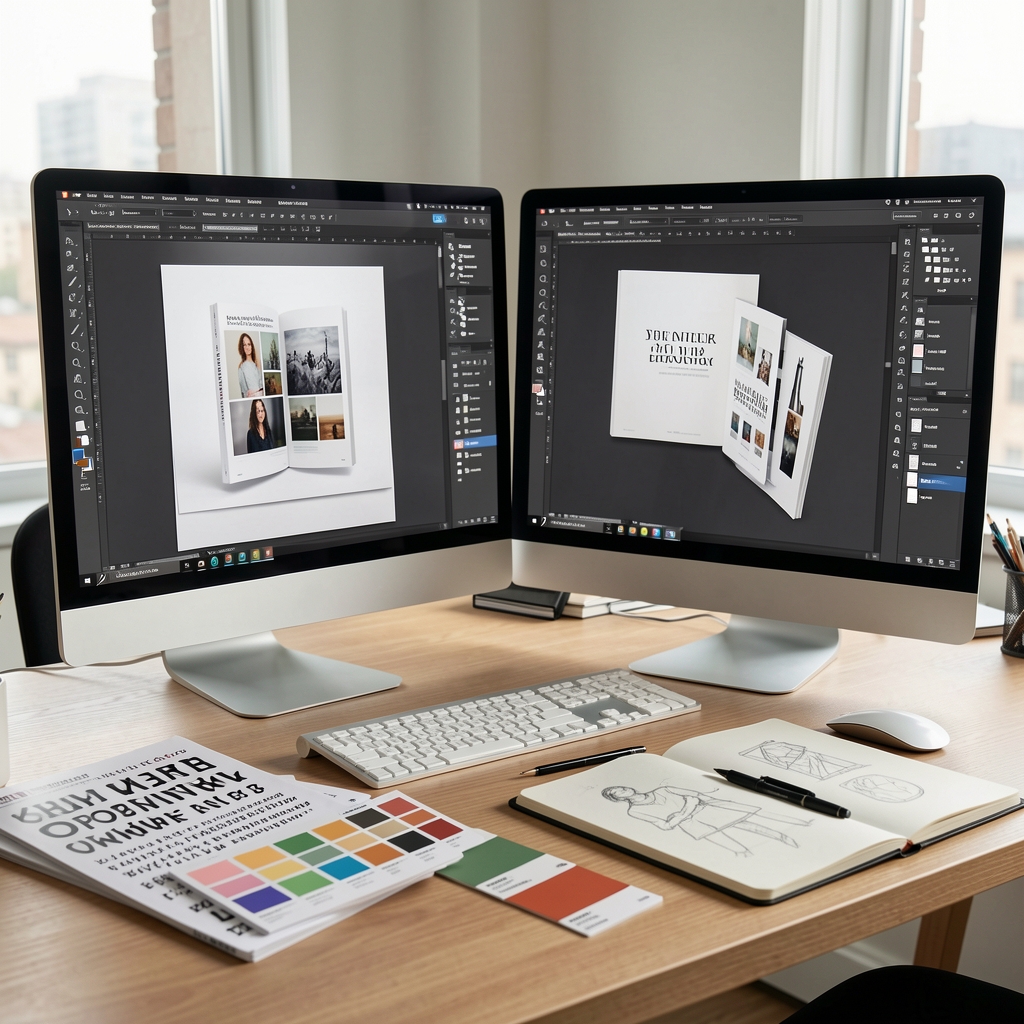 Современное рабочее место дизайнера с двумя мониторами: на экране открыт Adobe InDesign с макетом книги, на столе расположены шрифтовые каталоги, цветовые образцы Pantone и скетчбук с карандашными набросками